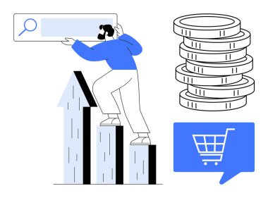 İşadamı yukarı doğru ok ile çizelgeye tırmanıyor, arama çubuğunu tutuyor. Bir yığın bozuk para ve alışveriş arabası ikonu. İş stratejisi, eCommerce, mali büyüme, çevrimiçi pazarlama ve ekonomik büyüme için ideal