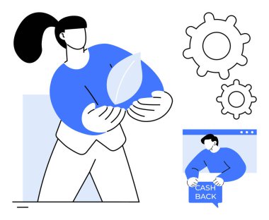 Kadın bir yaprak tutuyor, eko-dostluk dişlilerini sembolize ediyor ve bir nakit para çekme ikonu teknik ve finansal temaları temsil ediyor. Çevre dostu, teknoloji, finans, nakit para ve sürdürülebilirlik için ideal. Modern