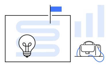 İçinde bayrak, evrak çantası ve yukarı doğru grafikler olan bir labirentte ampul. İş planlama, hedef belirleme, yenilik, başarı stratejisi, başlangıç büyümesi, proje yönetimi, beyin fırtınası için ideal. Çizgi