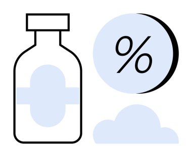 Etiketli ilaç şişesi, daire şeklinde yüzde işareti ve bulut. Eczane, sağlık, tıbbi araştırma, veri analizi, ilaç pazarlama, sağlık hizmeti teknolojisi ve bulut için ideal