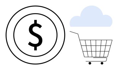 Basit tasarım bir alışveriş arabası, parayı simgeleyen bir para ve bir bulut gösteriyor. Çevrimiçi alışveriş, e-ticaret, bulut hizmetleri, dijital pazarlama ve finans teknolojisi için ideal. Minimalist ve temiz
