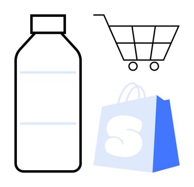 Basit bir şişe çizimi, bir araba ve bir çanta. Perakende mağazaları için ideal, çevrimiçi alışveriş, pazarlama, bakkaliye, tüketici malları. Temiz hatlar ve modern tarz