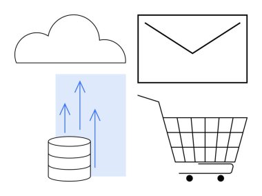 Bulut, posta zarfı, oklar, veri tabanı depolama sembolü, internet alışverişi için minimalist bir düzen. Teknoloji için ideal, bulut hesaplama, e-ticaret, dijital
