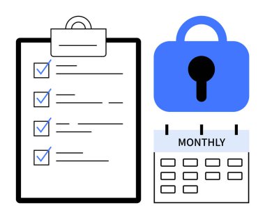 İçinde kontrol listesi, mavi kilit ve aylık takvim olan bir pano. Güvenlik yönetimi, görev organizasyonu, planlama, gizlilik koruması ve veri güvenliği için ideal. Temiz ve basit stil