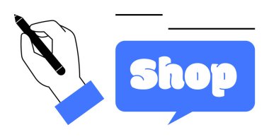 İçinde dükkan sözcüğü olan mavi bir konuşma balonunun yanında kalemle bir el çizimi. Perakende satış, e-ticaret, iş tanıtımı, mağaza reklamı ve çevrimiçi alışveriş temaları için ideal. Basit modern biçim