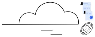 Altında çizgiler olan bulut çizgisi, işaretli dijital belge ve imzalı para. Veri güvenliği, bulut depolama, kimlik doğrulama, dijital işlemler ve teknoloji için ideal. Basit.
