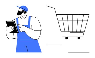 A warehouse worker in a blue uniform checks a clipboard next to a large shopping cart icon. Ideal for e-commerce logistics, inventory management, retail industry, online shopping, delivery services clipart