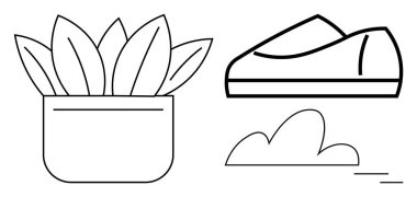 Ayakkabı ve bulutun yanında yaprakları olan saksı bitkisi. Doğa temaları, ayakkabı tasarımları, minimalizm sanatı, ev dekorasyonu, hava durumu görselleri, ürün ambalajları ve modern grafikler için idealdir. Satır metaforu