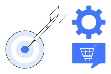 Ortasında dart olan hedef, mavi dişli, ve alışveriş arabalı konuşma balonu. İş stratejisi, hedef belirleme, verimlilik, e-ticaret, pazarlama, dijital satış, lojistik için ideal. Çizgi