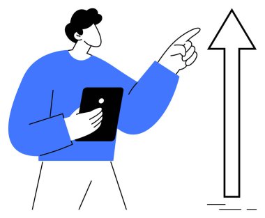 Elinde bir tablet olan iş adamı, büyümeyi, başarıyı, liderliği ve başarıyı simgeleyen yukarı doğru bir oku işaret ediyor. İş geliştirme, kariyer geliştirme ve motivasyon için ideal