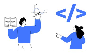 İki birey veri ve kodlama kavramlarını araştırıyor. Biri bir kitap tutuyor ve tahtaya bir grafik yazıyor, diğeri de kodlama sembollerini işaret ediyor. Eğitim, veri bilimi, programlama ve STEM için ideal