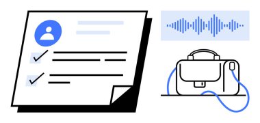 Kullanıcı profili, kontrol listesi, ses verilerini temsil eden ses dalgası ve çanta içeren iş başvuru formu. Çevrimiçi eleman alma, iş başvuruları, kariyer geliştirme, İK süreçleri, profesyonel