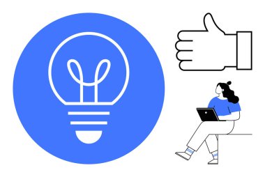 Mavi dairedeki ampul sembolü, büyük baş parmaklar yukarı simgesi ve dizüstü bilgisayarda çalışan kadın. Yenilik, üretkenlik, geri bildirim, teknoloji, motivasyon, iş stratejisi ve uzak çalışma için idealdir. Çizgi