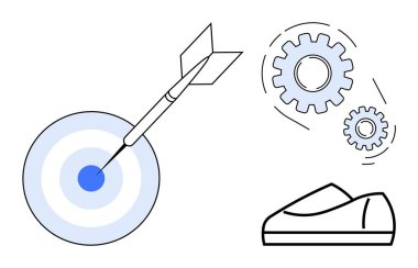 Oklu hedef, hareket halindeki dişliler ve ayakkabı iş hedeflerini, takım çalışmasını ve üretkenliği simgeler. İş stratejileri, takım çalışması, verimlilik, başarı ve süreç optimizasyonu için ideal