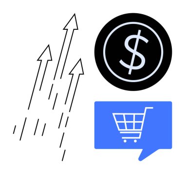 Oklar yukarı doğru, dolar işareti dairesel siyah çerçeve, alışveriş arabası mavi konuşma balonunda. Ticari büyüme, finans, e-ticaret, satış, pazarlama, dijital ekonomi ve yatırım için ideal. Çizgi