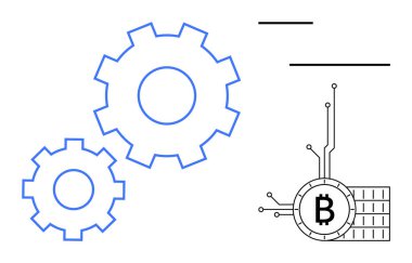 İki mavi dişli ve bir siyah Bitcoin sembolü devre çizgileriyle bağlantılı. Engelleme teknolojisi, kripto para birimi, mekanik, dijital para birimi ve yenilik temaları için ideal. Minimalist