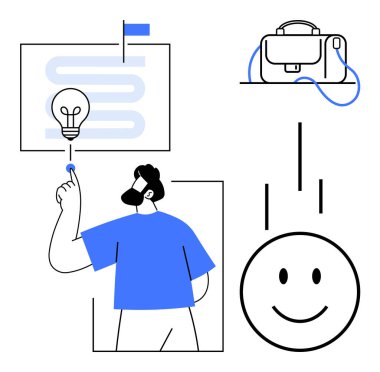 Mavi gömlekli adam ekranda ampul ikonuna dokunuyor, gülen yüz, evrak çantası. İş stratejileri, ilham, yenilik, pozitiflik, iş hayatı dengesi, üretkenlik ve başarı için idealdir. Çizgi