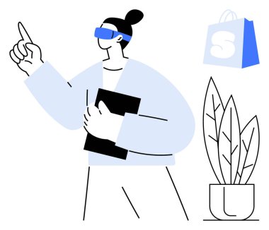 Gözlüklü bir kadın tablet tutuyor ve yukarı doğru işaret ediyor. Yanında bir alışveriş çantası ve saksı bitkisi var. İş, eğitim, teknoloji, online alışveriş ve ofis dekorasyonu için ideal. Basit.