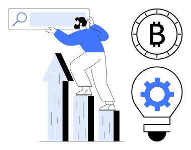 Businessperson, arama çubuğu, Bitcoin sembolü, ayarlar ampulde. Finansal büyüme, kripto para birimi, arama motoru optimizasyonu ve iş stratejisi için ideal