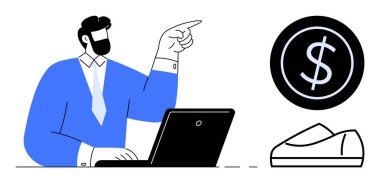 Mavi takım elbiseli bir işadamı yanında bozuk para sembolü ve ayakkabısıyla dizüstü bilgisayarını işaret ediyor. Girişimcilik, girişim büyümesi, finans planlaması, yatırım, iş stratejisi için ideal