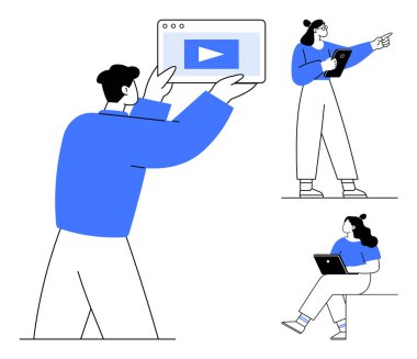 Dijital içerikli üç kişi, biri elinde video oynatıcı, diğeri tabletli ve üçüncüsü de dizüstü bilgisayarla oturuyor. Teknoloji, takım çalışması, uzaktan çalışma ve eğitim için ideal