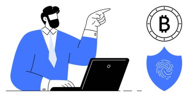 Mavi takım elbiseli bir işadamı bilgisayarının yanındaki Bitcoin ve parmak izi kalkanı ikonlarına bakıyor. Finans, kripto para birimi, teknoloji, güvenlik, dijital işlemler, mali danışmanlık için ideal