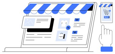 Çevrimiçi mağazası olan bir laptop ekranı, ürün resimleri ve alışveriş arabası simgesi. E-ticaret, çevrimiçi alışveriş, dijital pazarlama, perakende sektörü ve web tasarımı için ideal. Düz biçim vektör sanatı