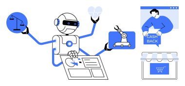 Robot birden fazla işi sayısal pedlerle ve tartmayla, robot kolu ve kalbiyle konuşarak yapıyor. E-ticaret faaliyetleri de dahil olmak üzere nakit para dolu metni olan sembolik bir kişi. Teknoloji ve robot bilimi için ideal.