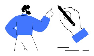 İşaret parmağı kaldırılmış, el ele tutuştuğu kalem çizgileriyle güven içinde hareket eden biri. İş stratejileri, eğitim, eğitim, koçluk, pazarlama, tasarım, kavramsal yaratıcılık için ideal