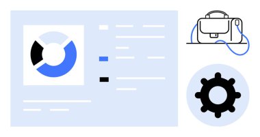Üç bölümlü pasta grafiği, veri listeleri, birbirine dolanmış kablolu çanta ve vites simgesi. İş analizi, proje yönetimi, iş akışı optimizasyonu, teknik ayarlar, iş