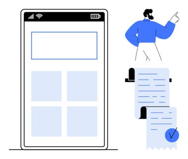 Bir akıllı telefon ekranı arayüzü dört ızgara bölümlü uygulama düzenini görüntüler. Bir adam işaretli sembollü iki dijital makbuzun yanında duruyor. Mobil uygulamalar, finans ve iş için ideal