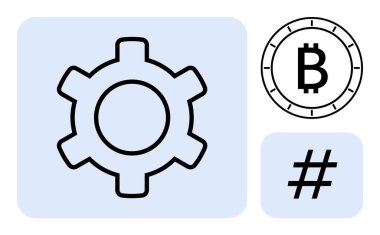 Dişli simgesi, çemberde Bitcoin sembolü ve açık mavi arkaplanda meta veri etiketi simgesi. Fintech, kripto para birimi, dijital yenilik, engelleme zinciri teknolojisi, sosyal medya, kodlama, teknoloji için ideal