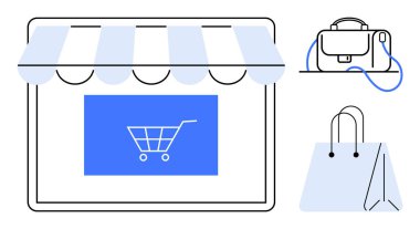 Vitrinde tente, alışveriş arabası, evrak çantası ve alışveriş poşeti ikonları var. E-ticaret, perakende, çevrimiçi mağaza, alışveriş, tüketici malları, dijital pazar, iş aletleri için ideal. Satır metaforu