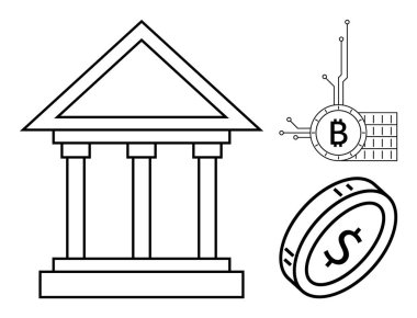 Bank building, Bitcoin, and dollar coin in black and white. Ideal for banking, finance, cryptocurrency, digital transactions, and economic themes. Simple line art style clipart