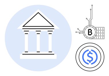 Sütunları olan beyaz bankacılık binası, teknoloji temalı kripto para sembolleri Bitcoin ve ahır parası da dahil. Finans, bankacılık, kripto para birimi, engelleme zinciri teknolojisi, dijital varlıklar için ideal