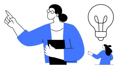 Mavi ceket giyen, gözlüklü ve topuzlu bir kadın, yönü ya da fikirleri sembolize ediyor. Elinde bir kitap tutuyor ve yaratıcılığı temsil eden bir ampul ikonunun yanında duruyor. Eğitim için ideal