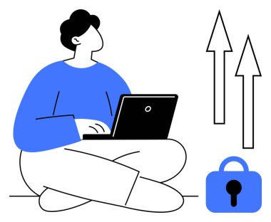 Dizüstü bilgisayarla bağdaş kurmuş biri. Yukarı doğru iki ok ve kilit sembolü büyüme ve güvenliği gösteriyor. Teknoloji, internet güvenliği, çevrimiçi mahremiyet, kişisel gelişim ve eğitim için ideal