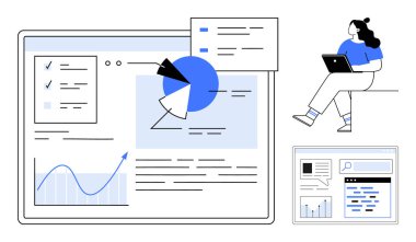 Dizüstü bilgisayardaki analitik verileri çeşitli çizelgeler, grafikler ve belgelerle inceleyen bir kadın. Uzaktan çalışma, veri analizi, iş raporları, üretkenlik, teknoloji kullanımı, eğitim, sanal