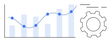 Yükselen çubuklu grafik ve dişli simgesinin yanında noktalı mavi çizgi grafiği. İş analizleri, teknik optimizasyon, büyüme stratejileri, performans ölçümleri, proje yönetimi için ideal
