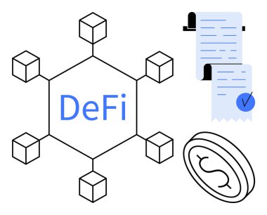 DeFi metin ile altıgen ağ, işaretli bir belge ve bir dolar para sembolü. Engelleme teknolojisi, finansal merkeziyet, akıllı sözleşmeler, dijital para birimi ve fintech için ideal