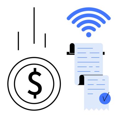 Dolar işaretli para, kablosuz sinyal ve makbuzlu dijital ödeme sembolleri. Finansal teknoloji, çevrimiçi ödemeler, e-ticaret, iş muhasebe ve irtibatsız işlemler için ideal. Basit.