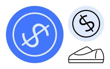 Ayakkabının yanında dolar işaretleri ve siyah halkalar var. Ekonomi, finans, tasarruflar, yatırımlar, pazarlar, döviz kurları ve finansal planlama için ideal. Satır metaforu