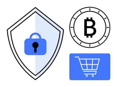 Kalkana kilit, Bitcoin sembolü, mavi dikdörtgen içinde alışveriş arabası. Siber güvenlik, engelleme teknolojisi, çevrimiçi alışveriş, dijital işlemler, finansal koruma, e-ticaret için ideal