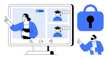 Ekranda öğretmenle çevrimiçi öğrenme sahnesi, mezuniyet şapkalı öğrenciler video çağrısı, asma kilit simgesi ve işaret eden kişi. Sanal eğitim, e-öğrenme, çevrimiçi güvenlik ve mesafe için ideal