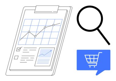 Panoda grafik ve analiz çizelgesi olan iş raporu, büyüteç ve alışveriş arabası simgesi. İş sunumları, pazarlama stratejileri, veri analizi, finansal planlama için ideal, çevrimiçi