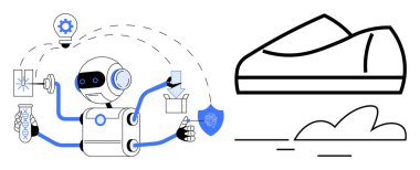 Birden fazla silah taşıyan robot laboratuvar ekipmanı, kalkan ve ayakkabı izinin yanındaki dosyalar. Otomasyon, teknoloji, yenilik, imalat, robotik, yapay zeka için ideal