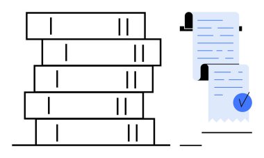 Solda beş kitap yığını ve sağda işaretli iki makbuz. Eğitim, okuma, organizasyon, muhasebe ve kütüphane temaları için ideal. Basit, minimalist, temiz bir tarz.