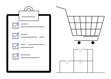 Kontrol listesi, alışveriş arabası ve istiflenmiş kutular olan bir pano. Perakende satış, envanter yönetimi, alışveriş, yapılacaklar listesi ve organizasyon temaları için ideal. Temiz ve minimalist vektör biçimi