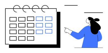 Birkaç boş kare ve maviyle işaretlenmiş duvar takvimi. Mavi gömlekli biri takvimi işaret ediyor. Zamanlama, planlama, organizasyon, zaman yönetimi için ideal