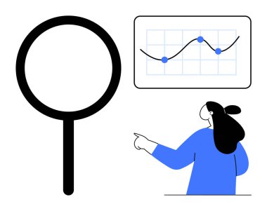 Üzerinde minimalist tarzda büyük bir arama ikonu olan bir grafiği işaret eden bir kadın. İş analizleri, sunumlar, veri incelemesi, arama araçları ve araştırma konuları için ideal. Siyah ve mavi renk şeması